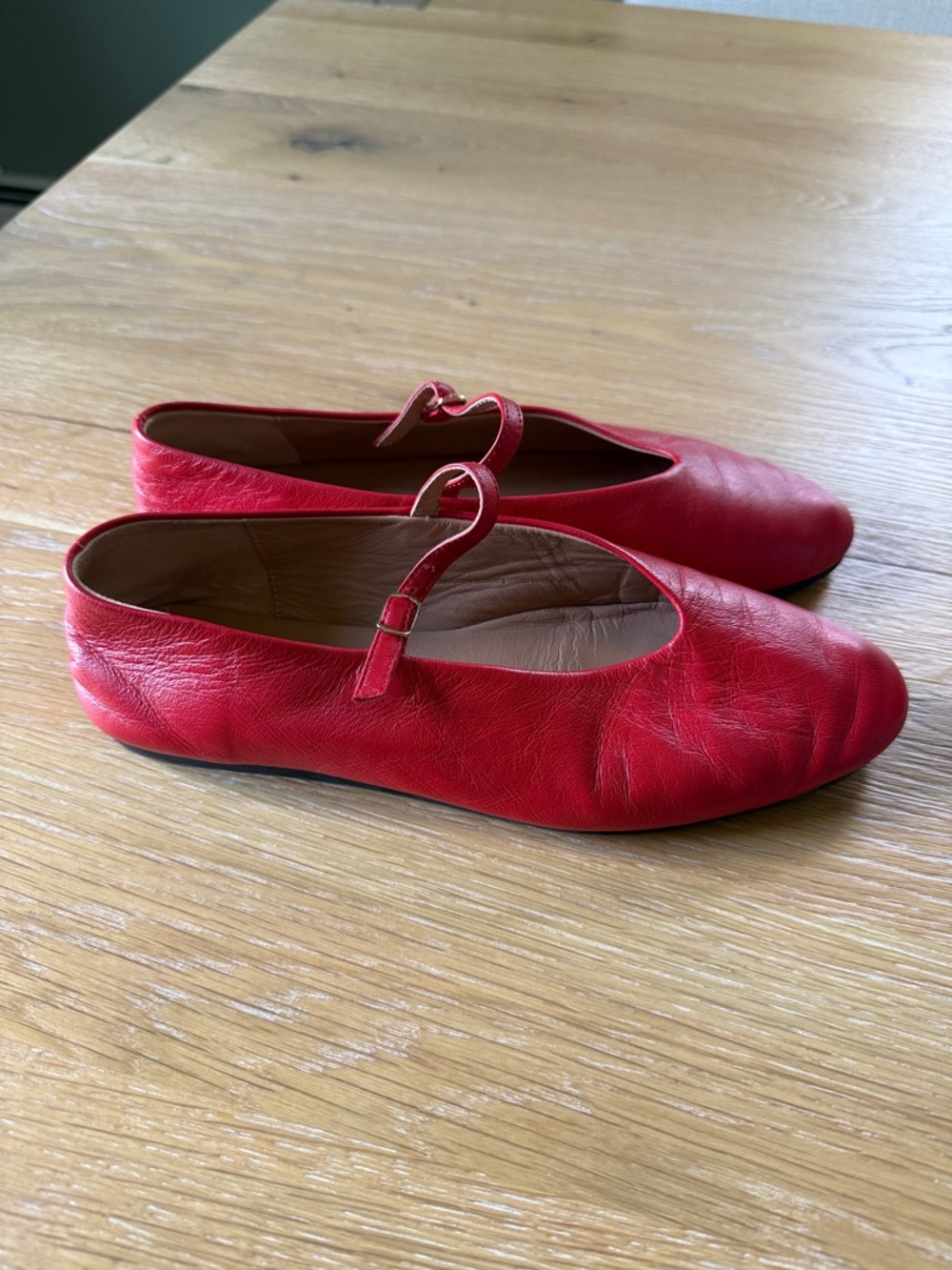 Arket Red Leather Mary Jane Flats with Slim Strap